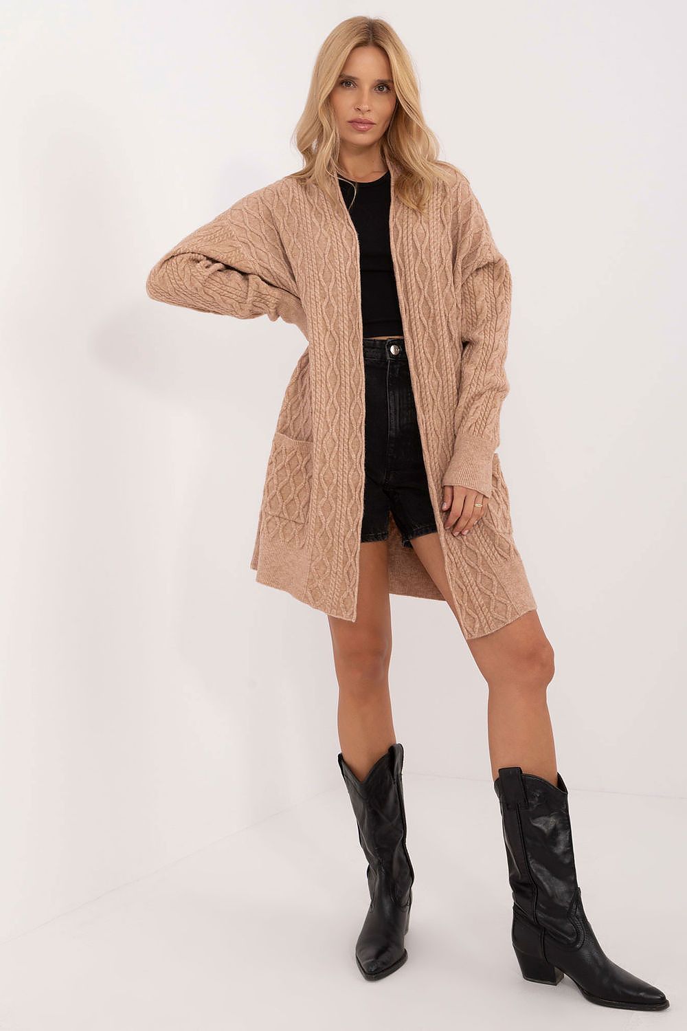 Elegant Long Unbuttoned Cardigan With Pockets - Soft Acrylic, Polyester, Polyamide Blend