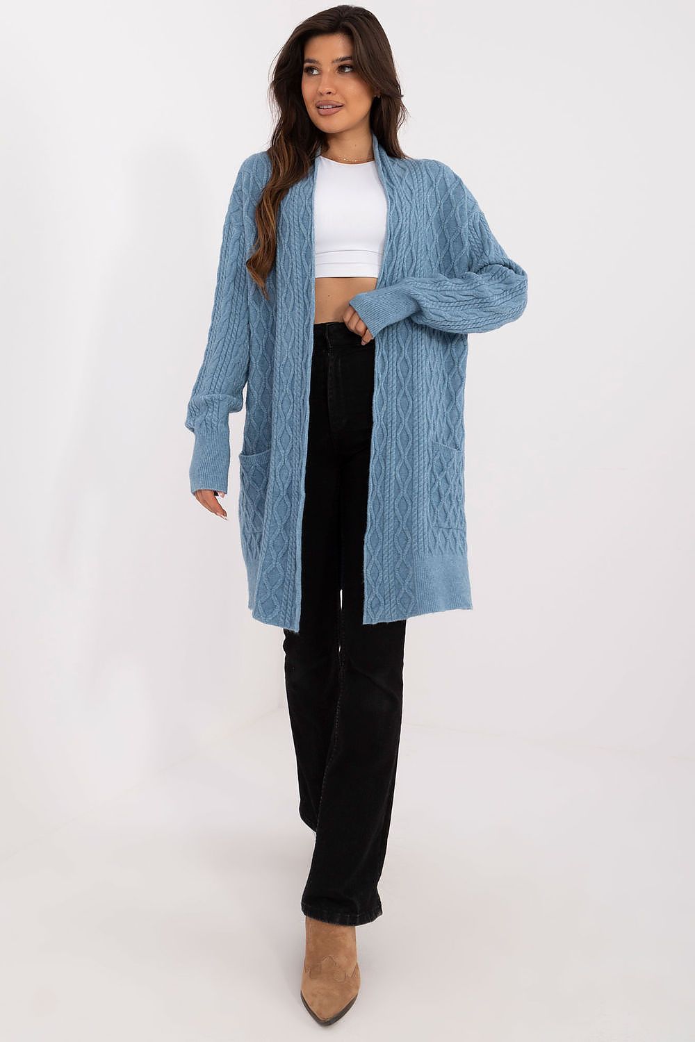 Elegant Long Unbuttoned Cardigan With Pockets - Soft Acrylic, Polyester, Polyamide Blend