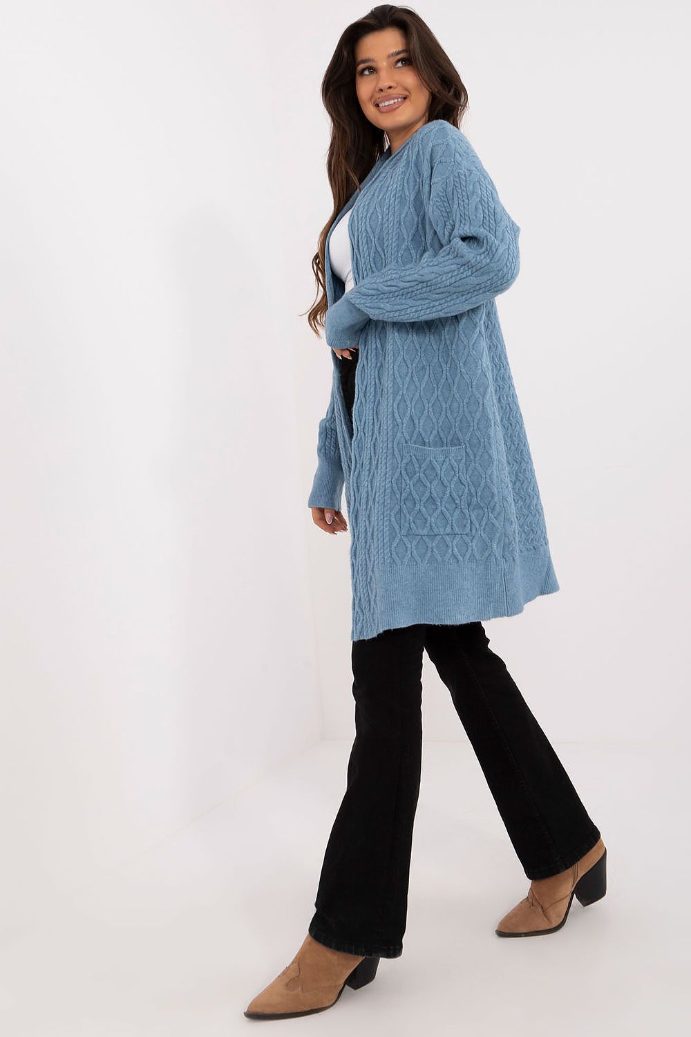Elegant Long Unbuttoned Cardigan With Pockets - Soft Acrylic, Polyester, Polyamide Blend