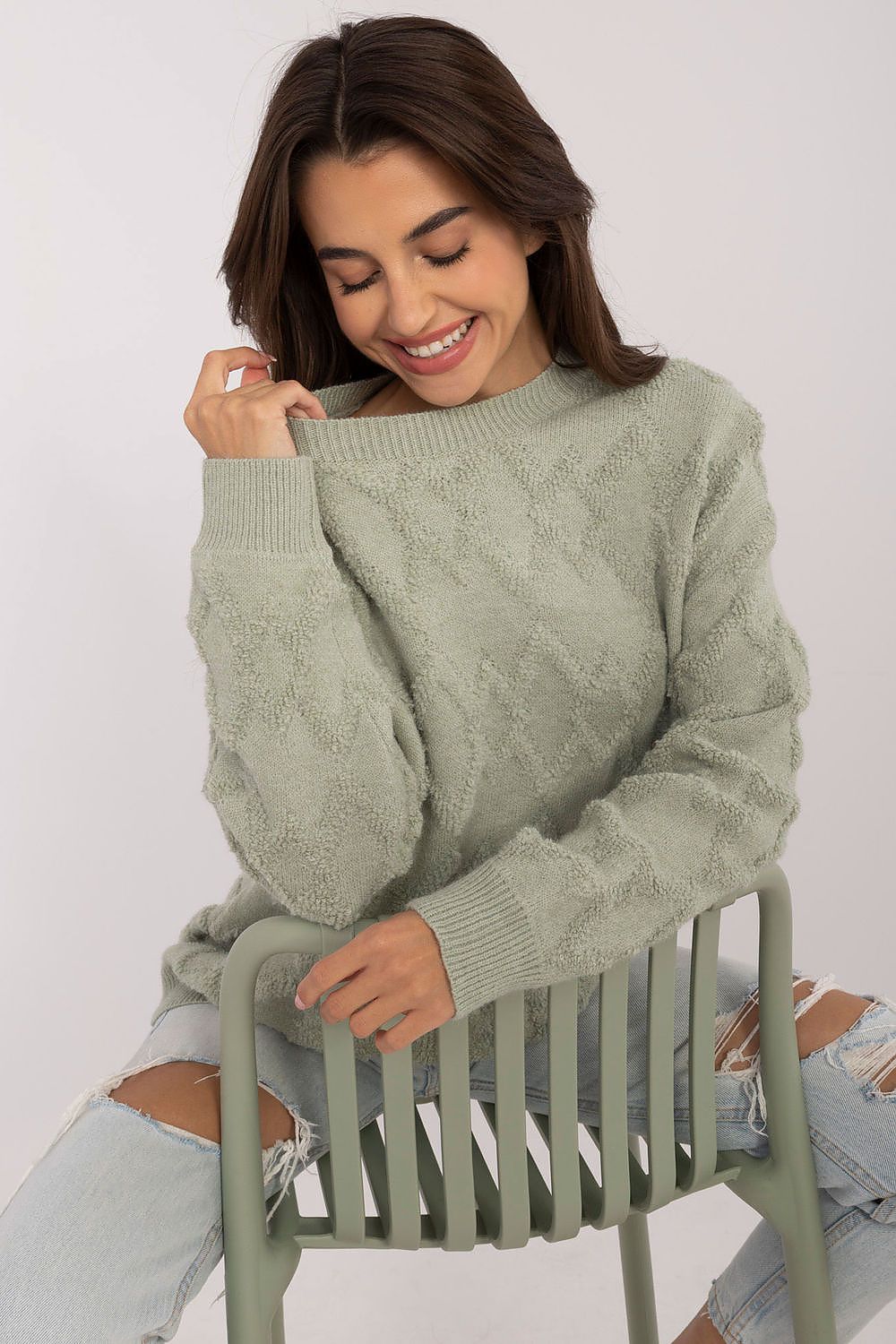 Elegant Women's Casual Knit Jumper With Varied Textures, Long Sleeves & Round Neckline - Size EU 0