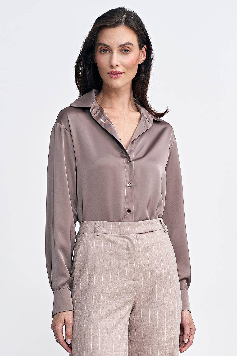 Elegant satin-like shapewear body with classic collar and...