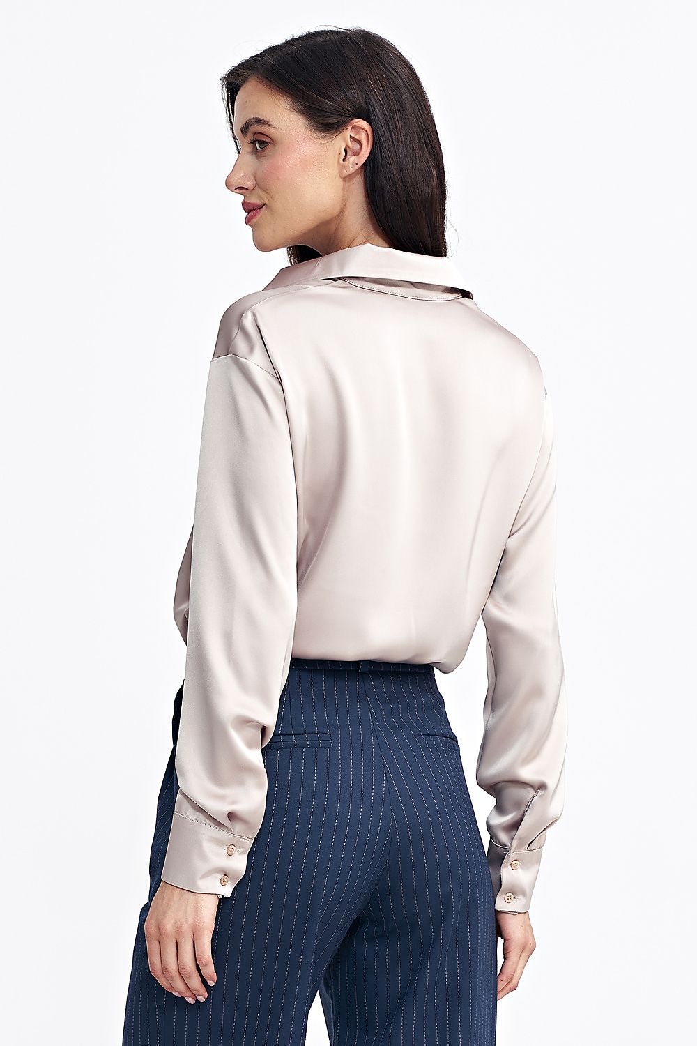 Elegant satin-like shapewear body with classic collar and...