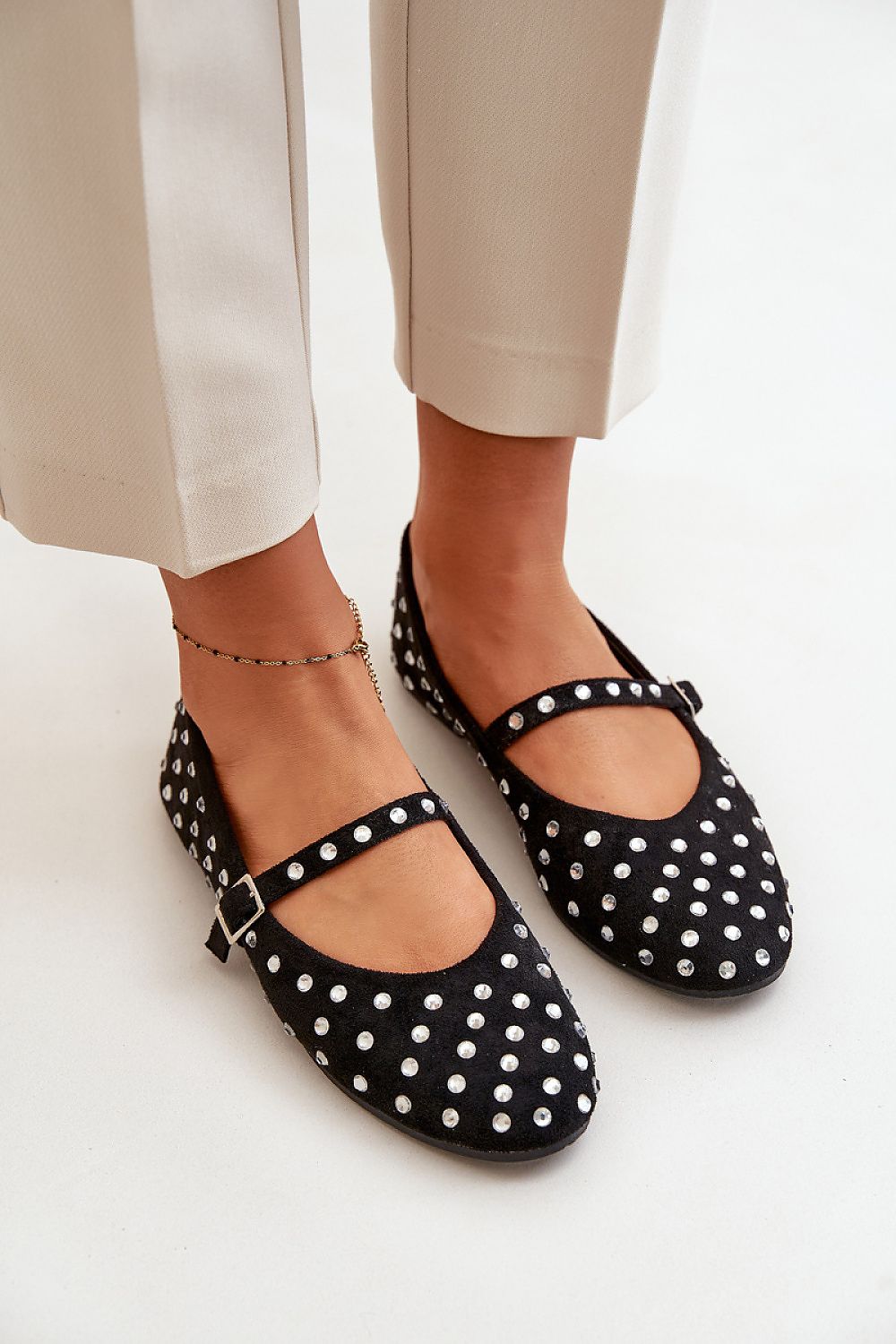 Luxury Eco-Suede Ballet Flats with Adjustable Strap and Sparkling Jet Stone Decor
