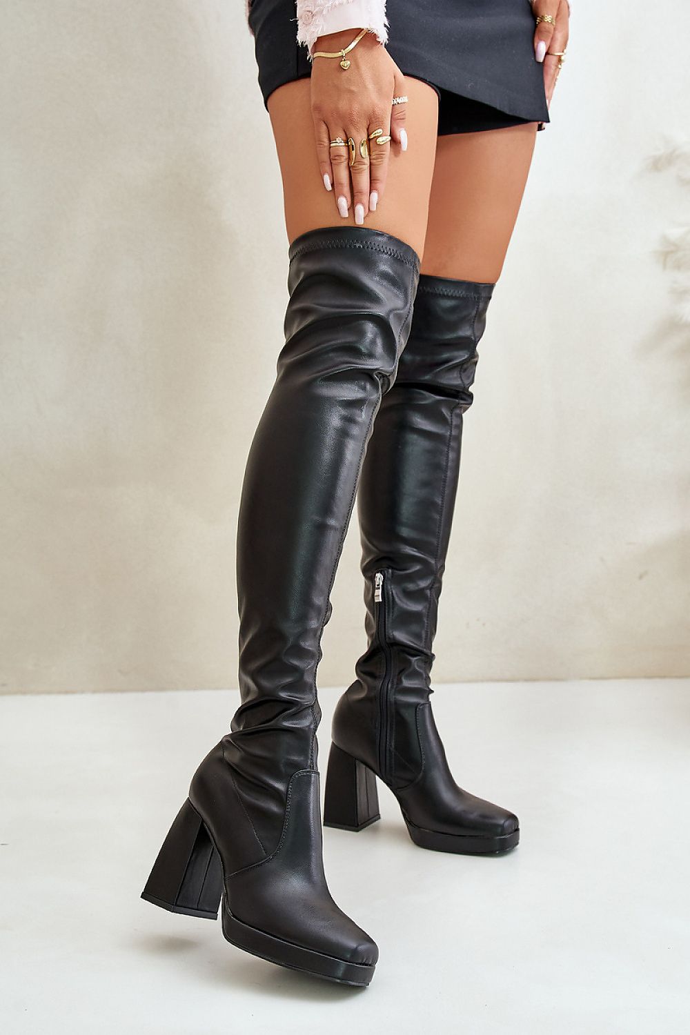 Elegant Tall Eco Leather Heel Boots with Zip Closure for Women - Above Knee Style