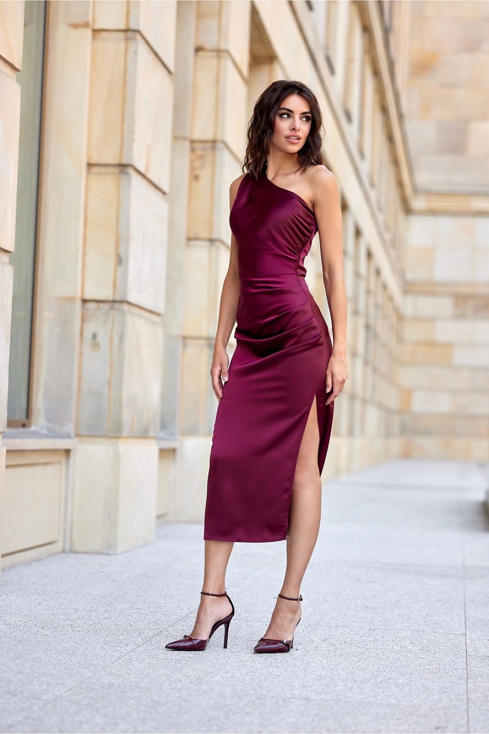 Elegant One-Shoulder Midi Dress with Satin Fabric and Subtle Slit by Roco Fashion