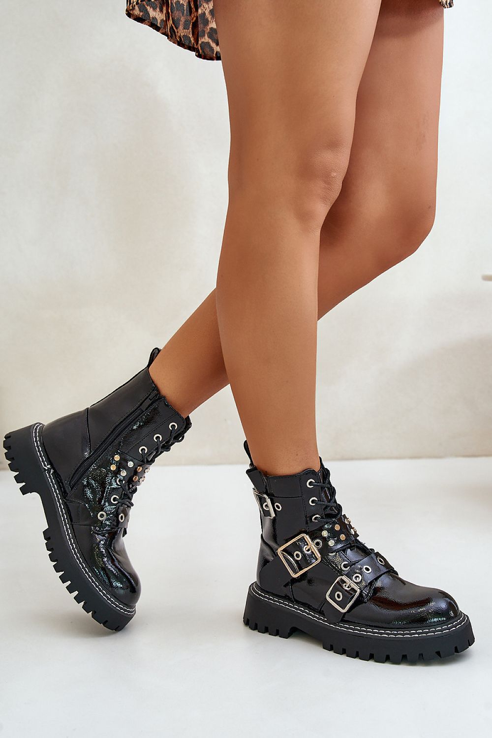 Stylish Women's Eco Leather Ankle Boots with Decorative Straps and Zipper Fastening