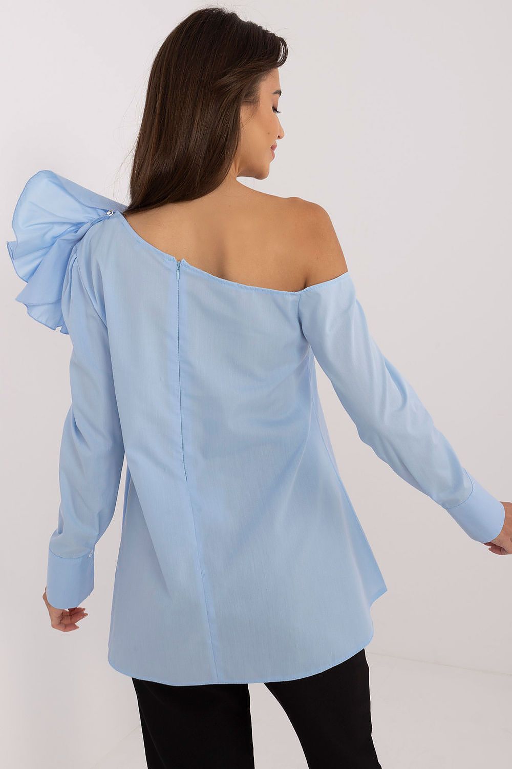 Elegant Lakerta Blouse with Decorative Fabric Flower Brooch and Asymmetrical Neckline