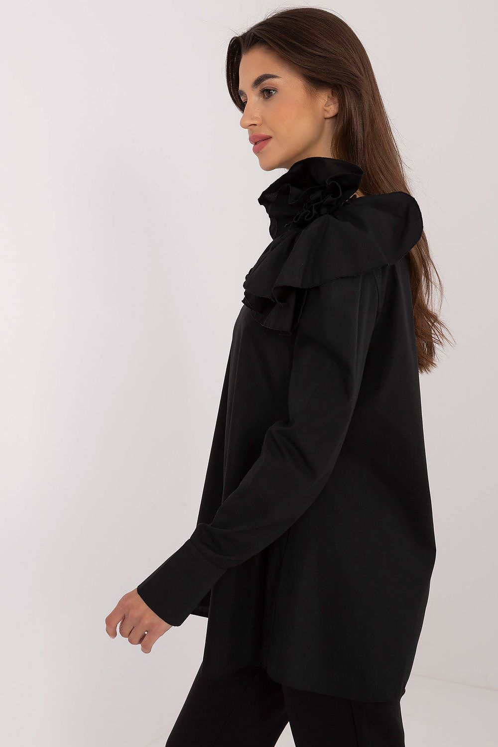 Elegant Lakerta Blouse with Decorative Fabric Flower Brooch and Asymmetrical Neckline
