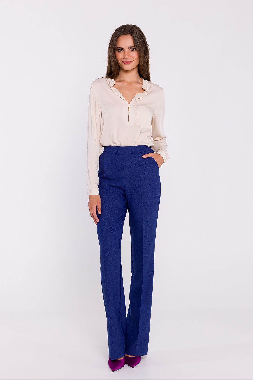 Stylove Elegant Satin Blouse with Stand-Up Collar and Decorative Stitching - Chic Casual Style