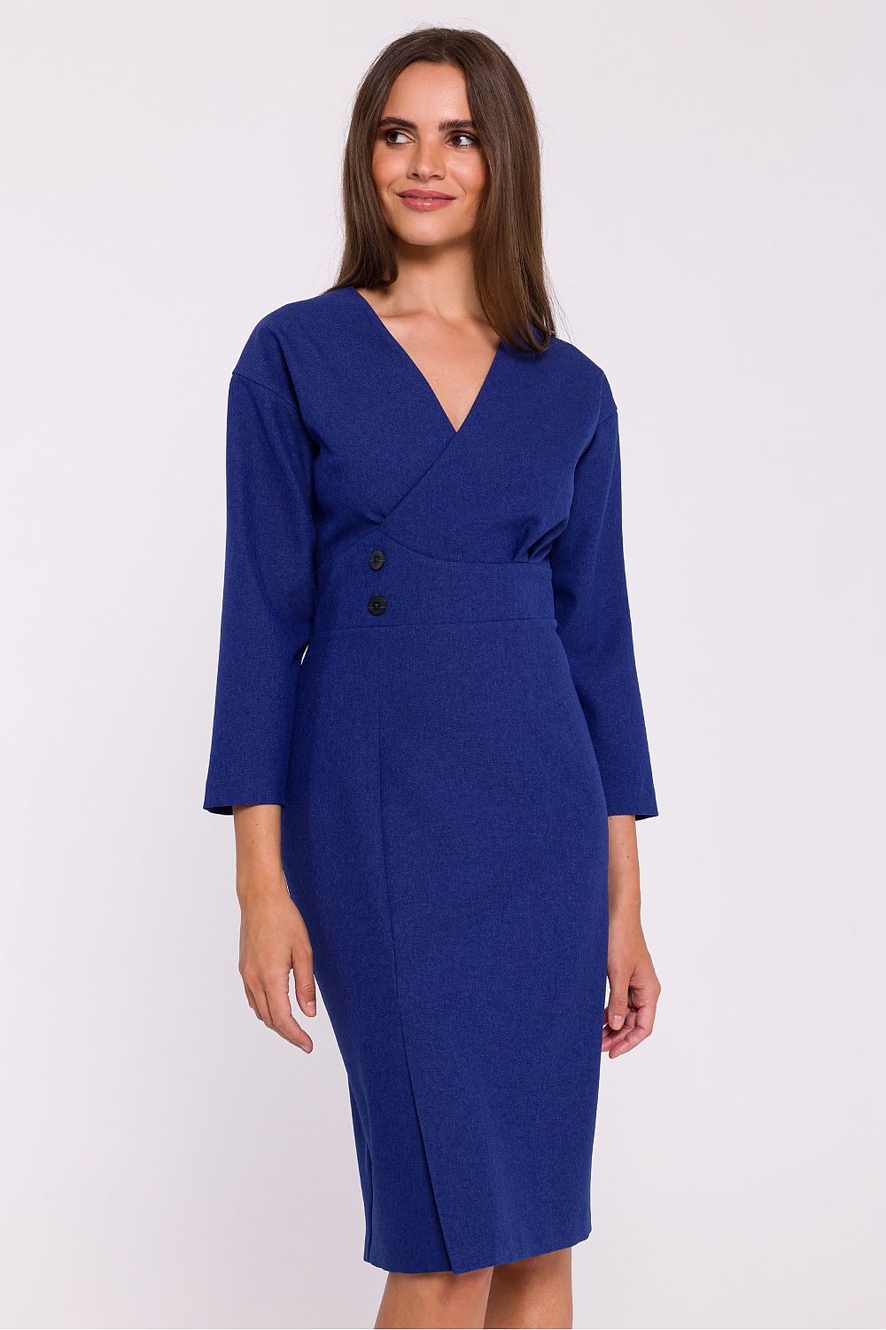 Stylove Elegant Pencil Cut Day Dress with Envelope Neckline and Decorative Buttons