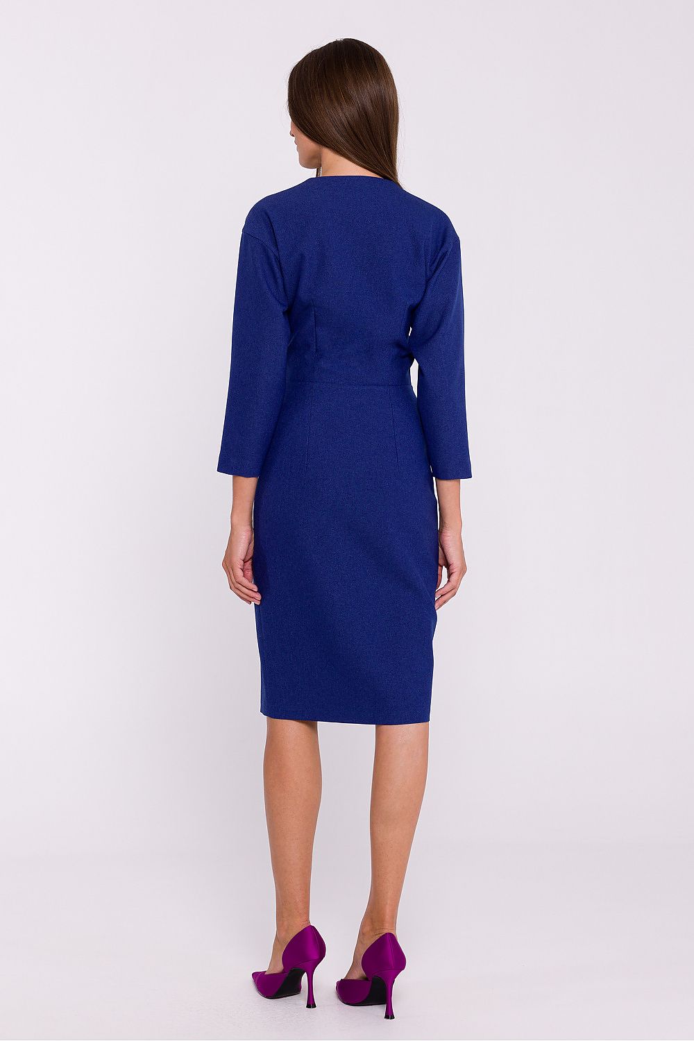 Stylove Elegant Pencil Cut Day Dress with Envelope Neckline and Decorative Buttons