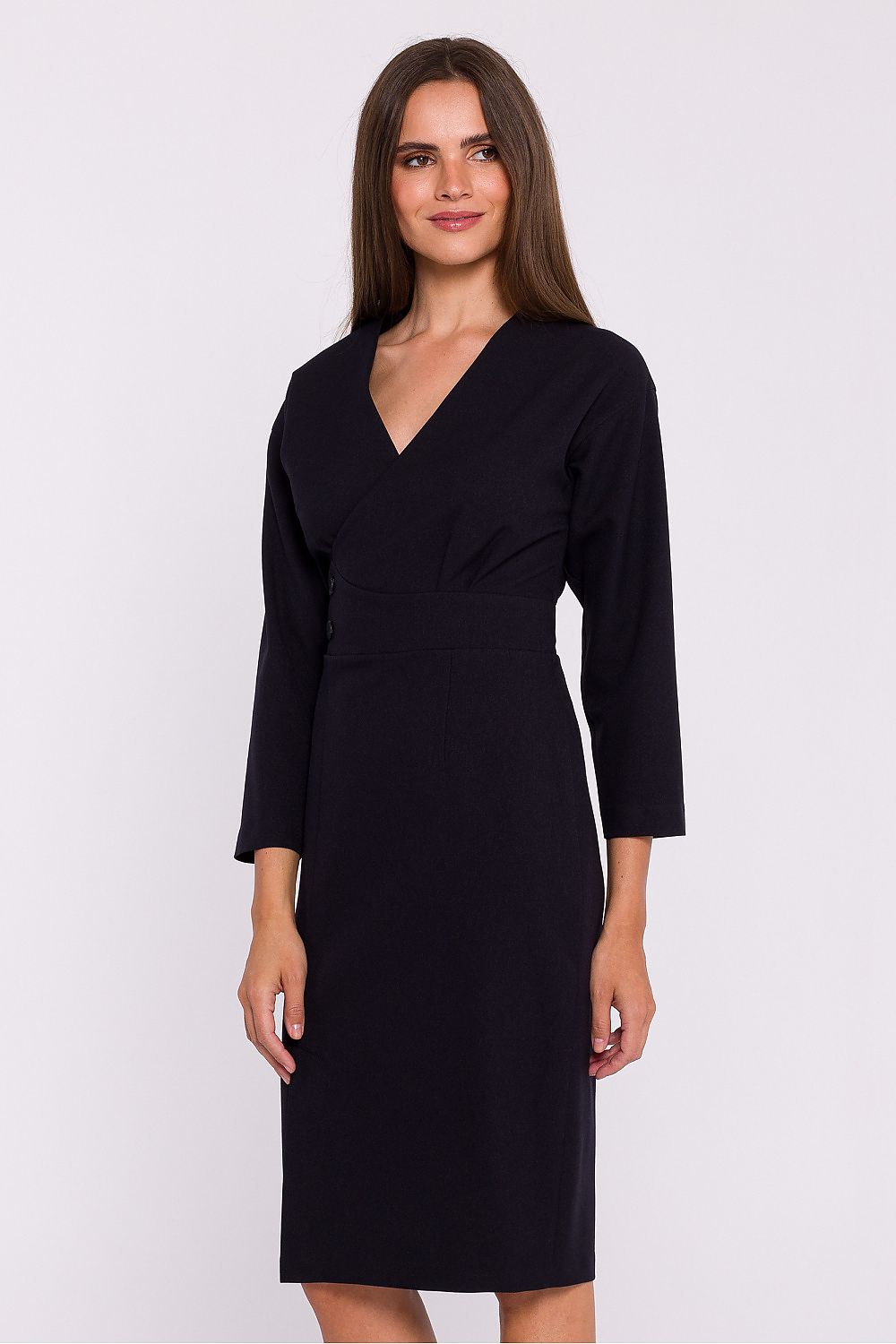 Stylove Elegant Pencil Cut Day Dress with Envelope Neckline and Decorative Buttons