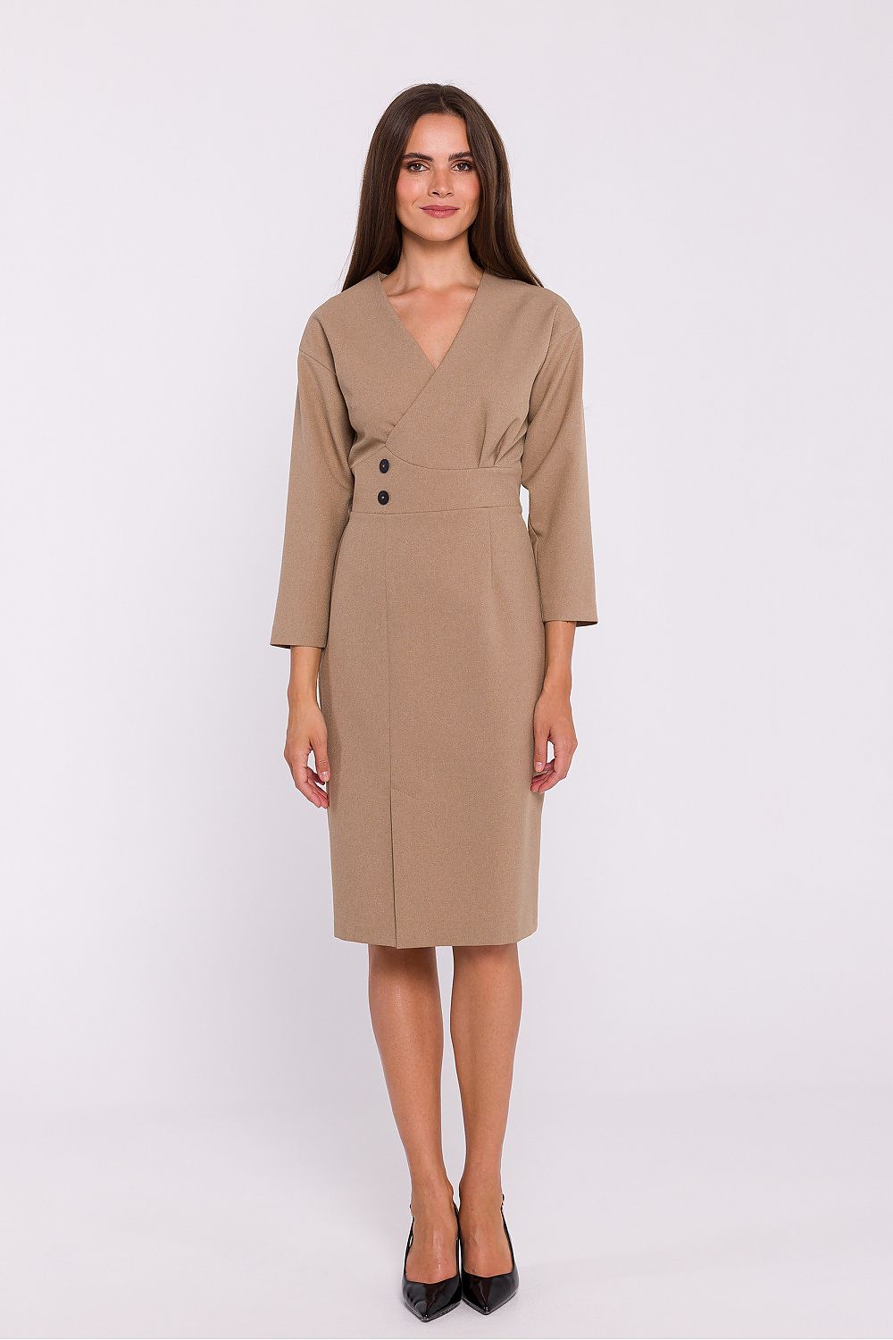 Stylove Elegant Pencil Cut Day Dress with Envelope Neckline and Decorative Buttons