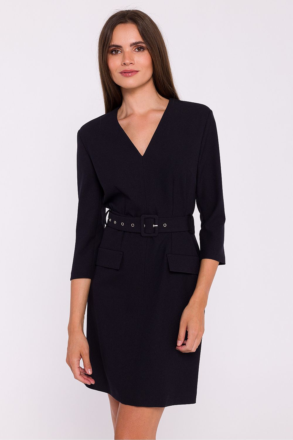 Stylove Elegant Daydress with V-Neckline, Belt and Below-the-Knee Length - Available in Sizes S-XXL