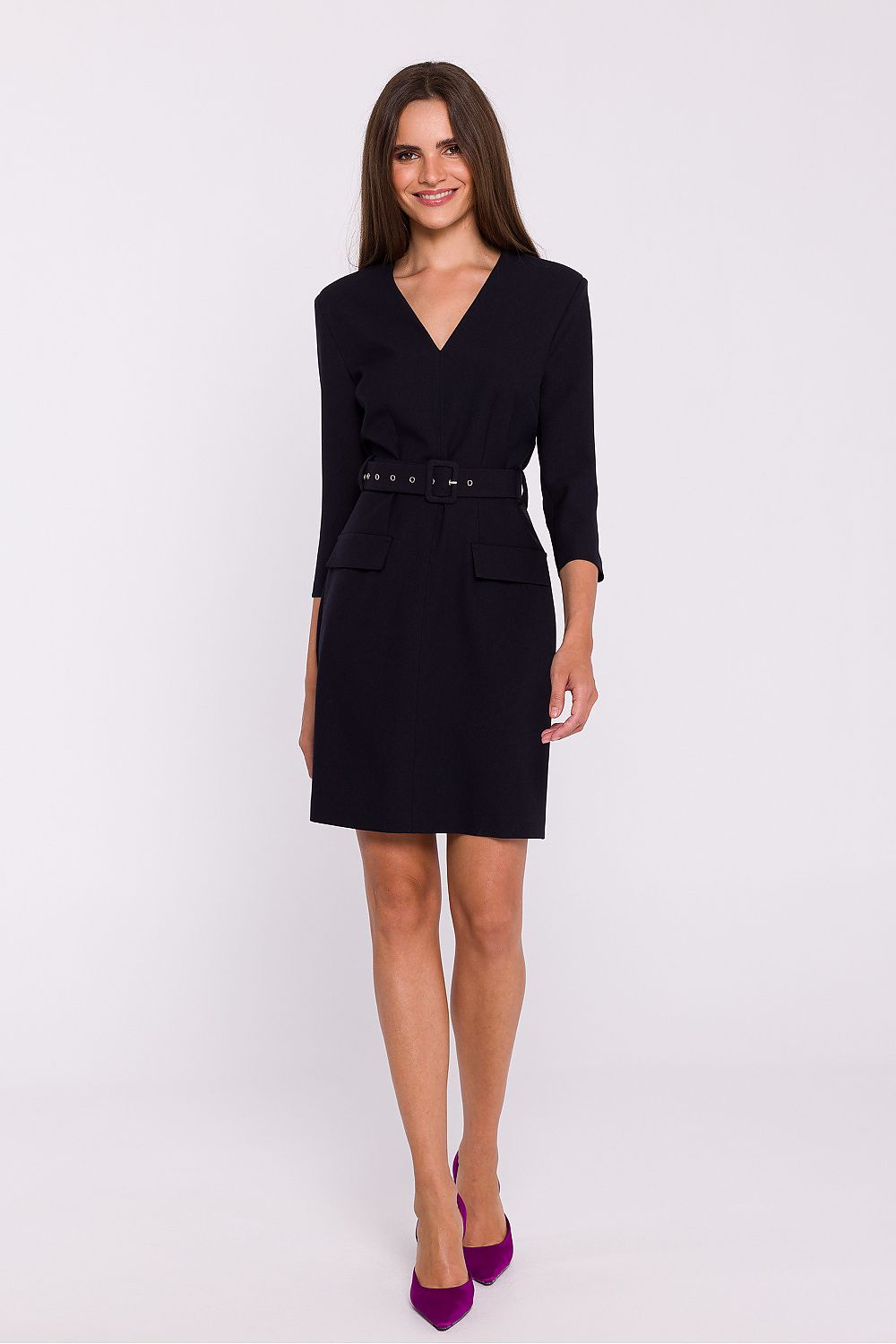 Stylove Elegant Daydress with V-Neckline, Belt and Below-the-Knee Length - Available in Sizes S-XXL