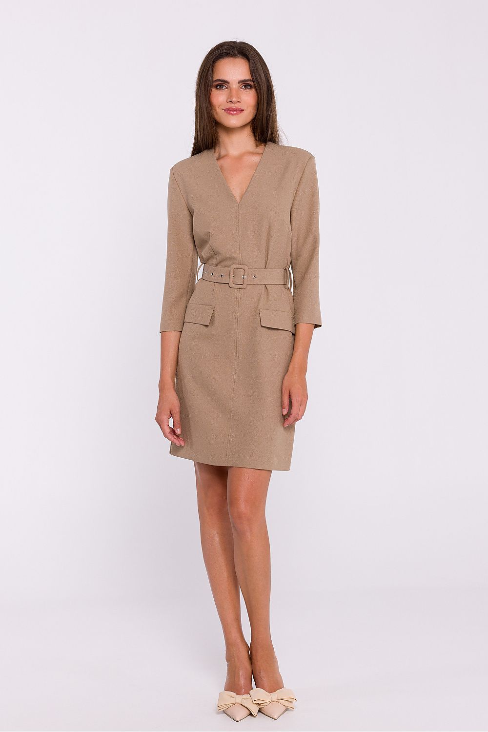 Stylove Elegant Daydress with V-Neckline, Belt and Below-the-Knee Length - Available in Sizes S-XXL