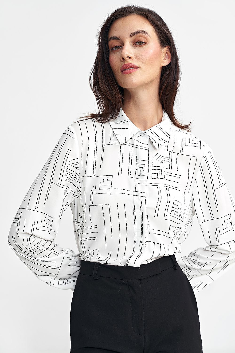 Nife Women's Regular-Fit Long Sleeve Shirt in High-Quality Viscose with Minimalist Geometric Pattern