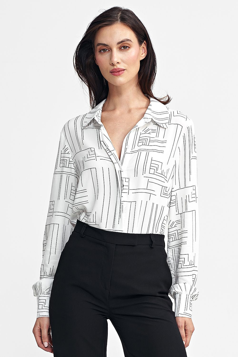 Nife Women's Regular-Fit Long Sleeve Shirt in High-Quality Viscose with Minimalist Geometric Pattern