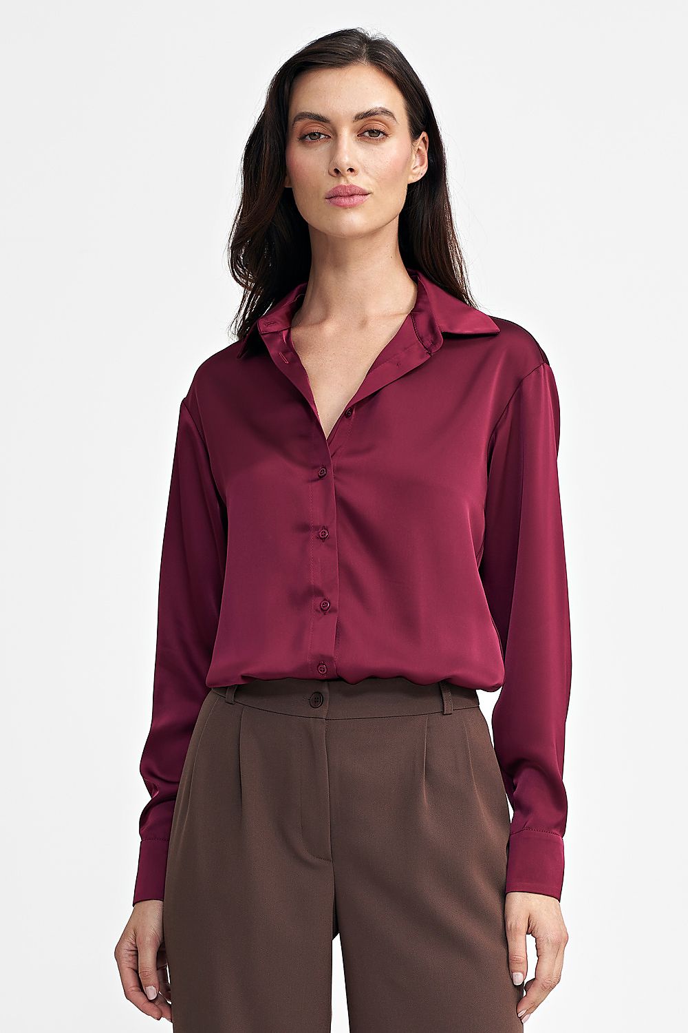 Elegant satin-like shapewear body with classic collar and...
