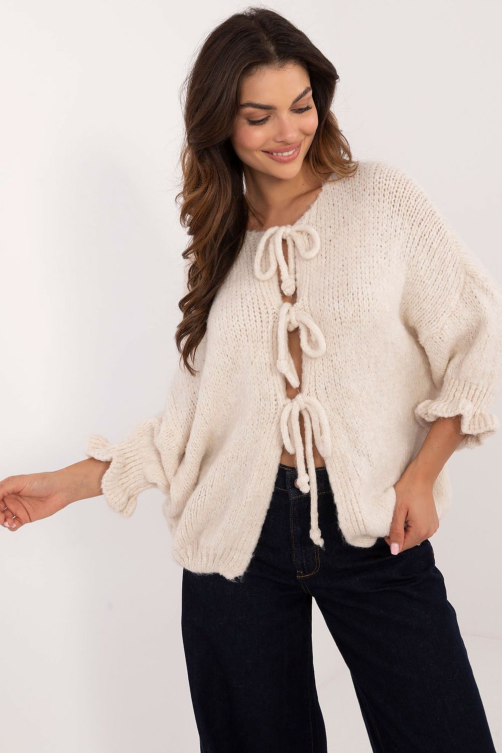 Elegant Women's Casual Cardigan Sweater with Three-Tie Binding and 3/4 Sleeves by Italy Moda
