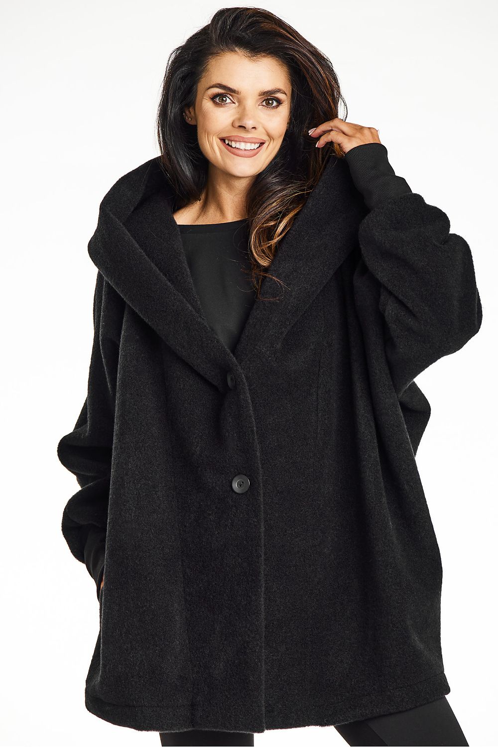 Elegant Black Hooded Kimono Coat by Awama - Soft Teddy Knit for Autumn Comfort