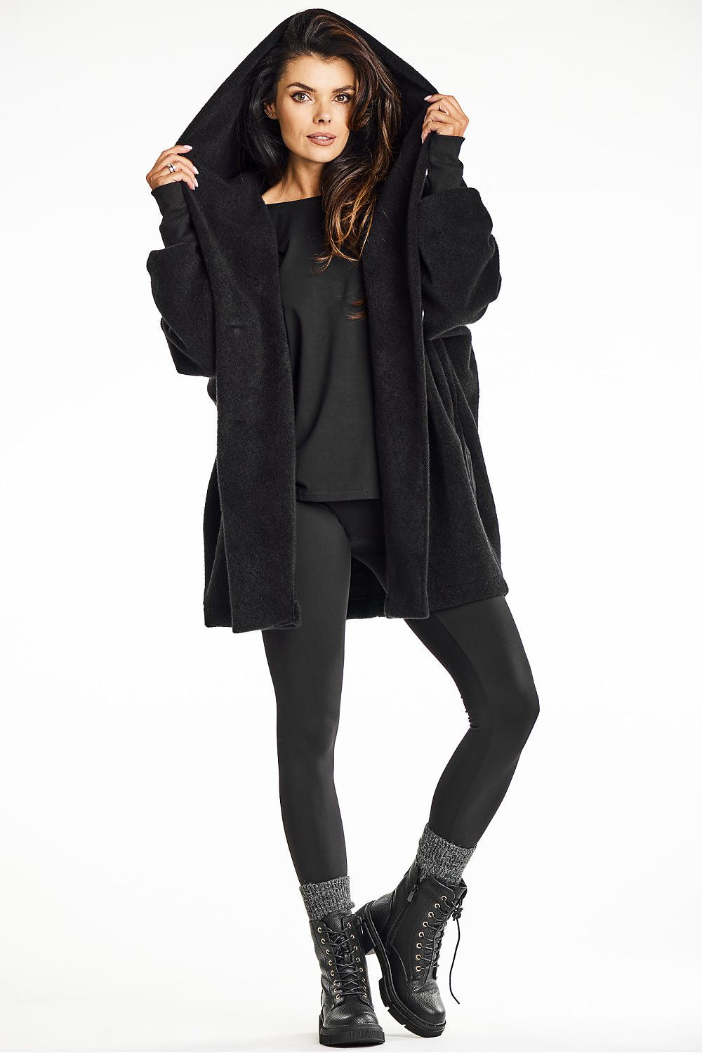 Elegant Black Hooded Kimono Coat by Awama - Soft Teddy Knit for Autumn Comfort
