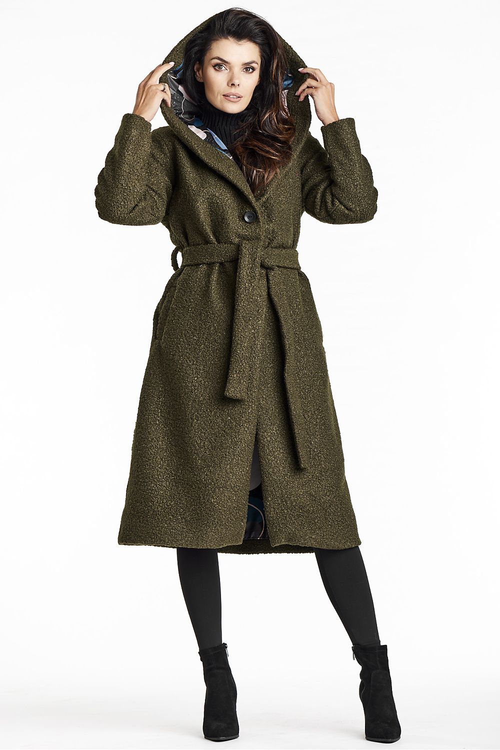 Elegant Green Bouclé Coat with Shawl Collar, Hood, and Waist Belt by Awama - Perfect for Autumn