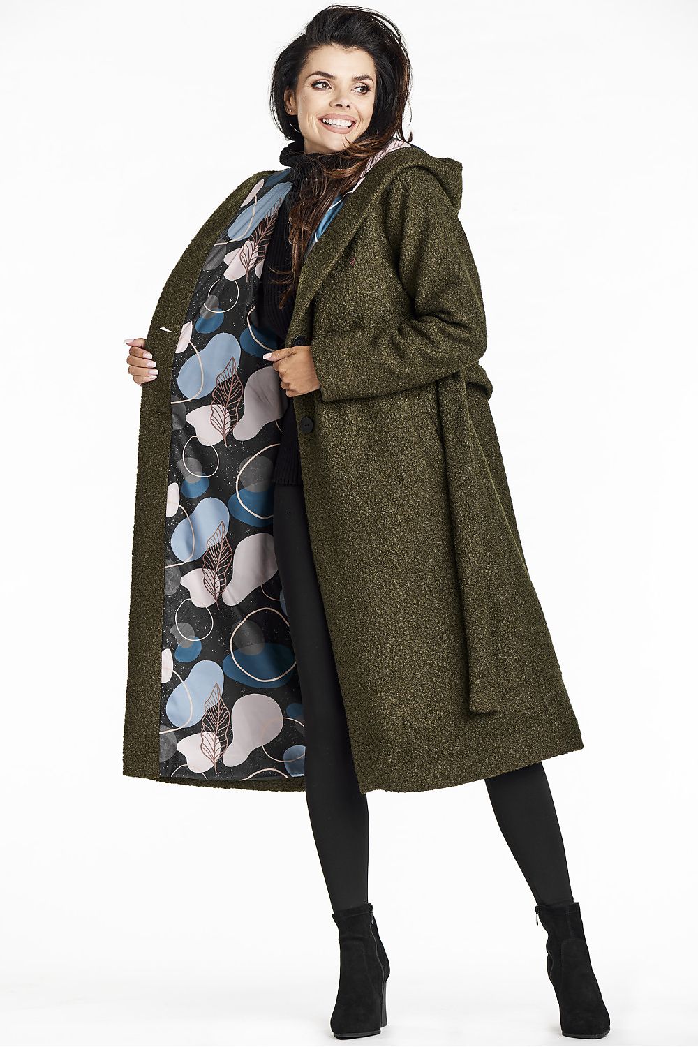 Elegant Green Bouclé Coat with Shawl Collar, Hood, and Waist Belt by Awama - Perfect for Autumn
