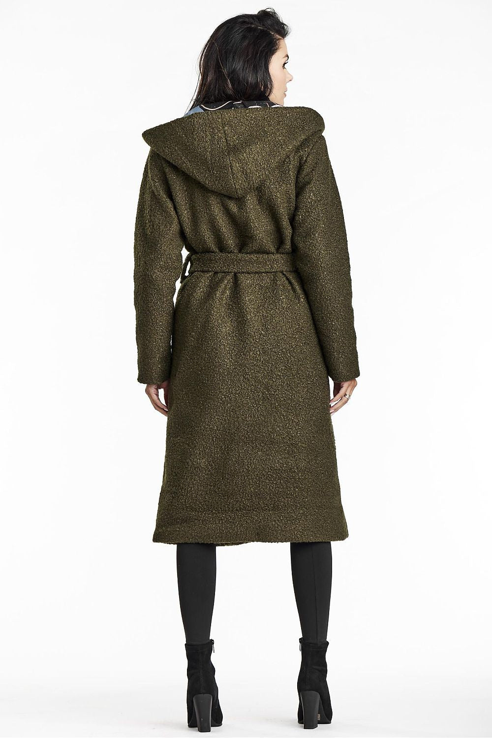 Elegant Green Bouclé Coat with Shawl Collar, Hood, and Waist Belt by Awama - Perfect for Autumn