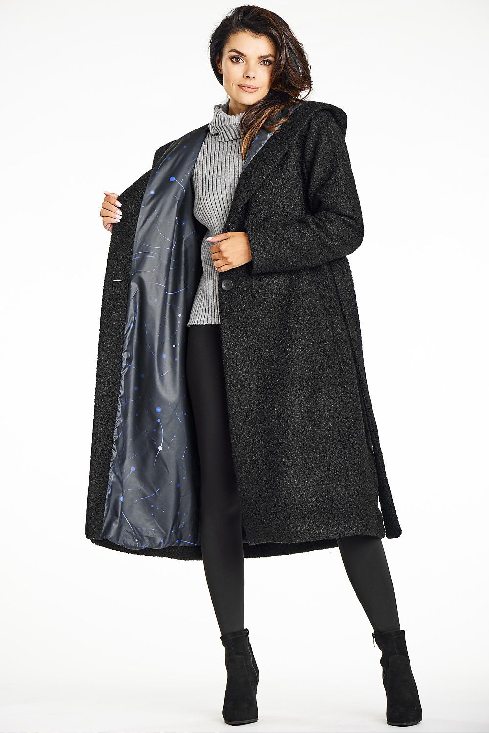 Elegant Green Bouclé Coat with Shawl Collar, Hood, and Waist Belt by Awama - Perfect for Autumn