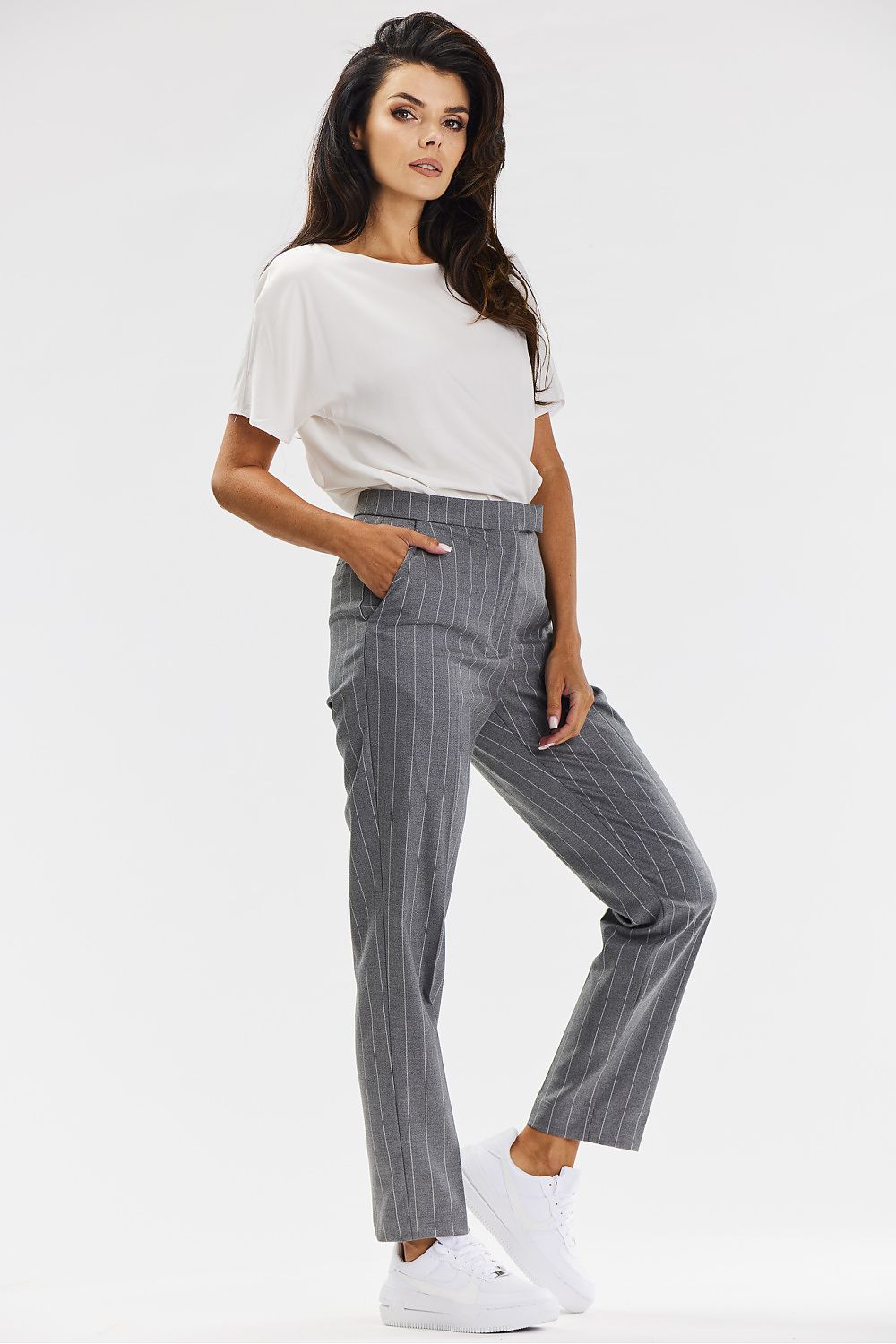 Elegant Gray Cigarette Pants with White Pinstripe for Women – Tailored Fit by Awama