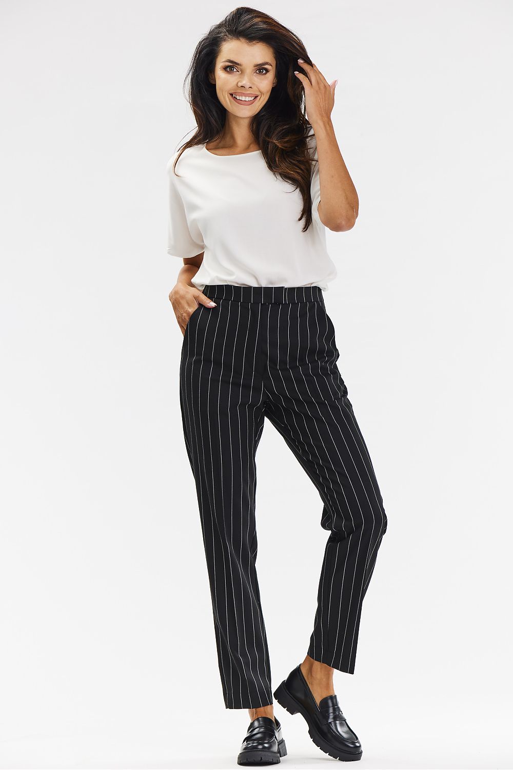 Elegant Gray Cigarette Pants with White Pinstripe for Women – Tailored Fit by Awama
