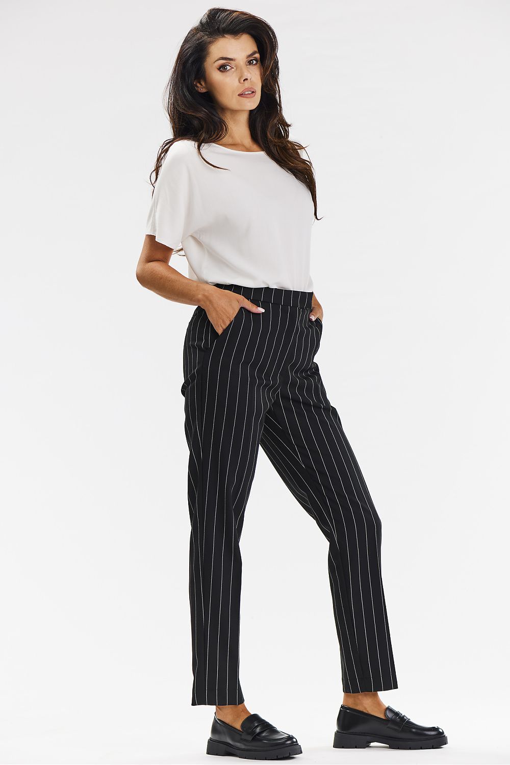 Elegant Gray Cigarette Pants with White Pinstripe for Women – Tailored Fit by Awama