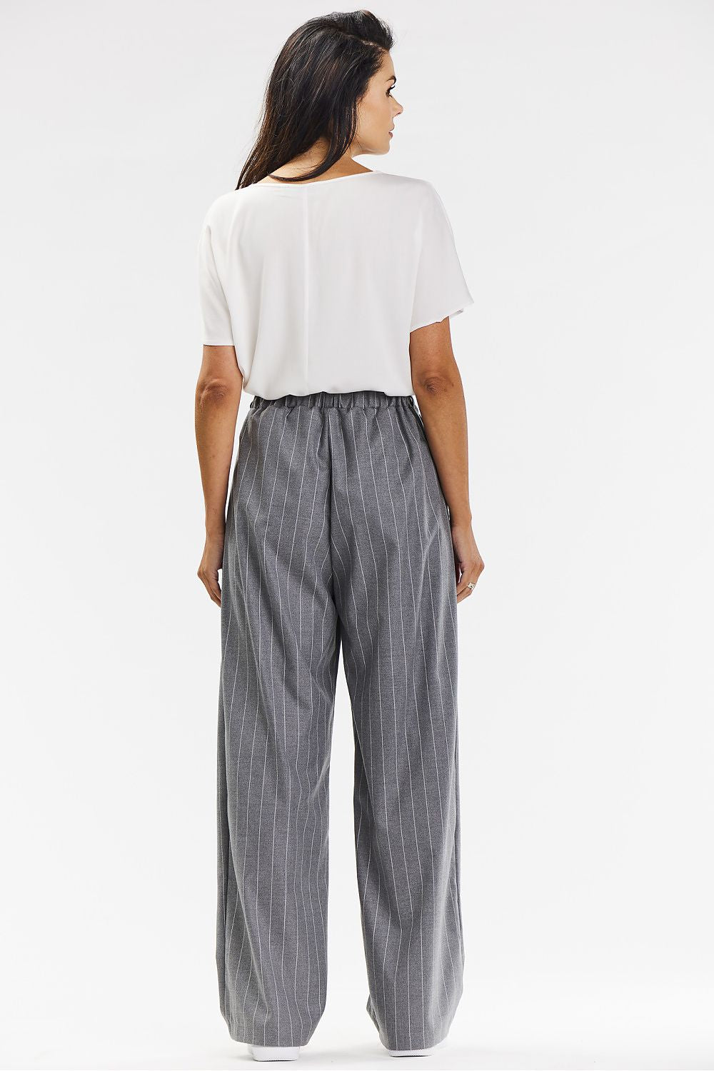 Elegant Wide-Leg Trousers For Women – Grey With White Stripe, Comfortable Viscose Fabric