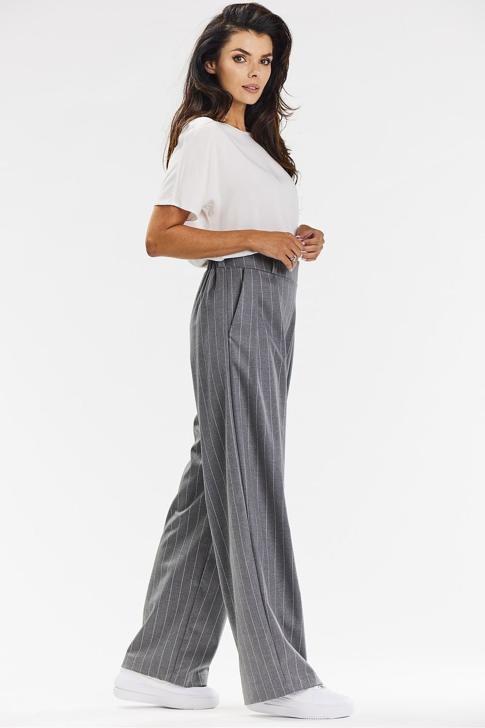 Elegant Wide-Leg Trousers For Women – Grey With White Stripe, Comfortable Viscose Fabric