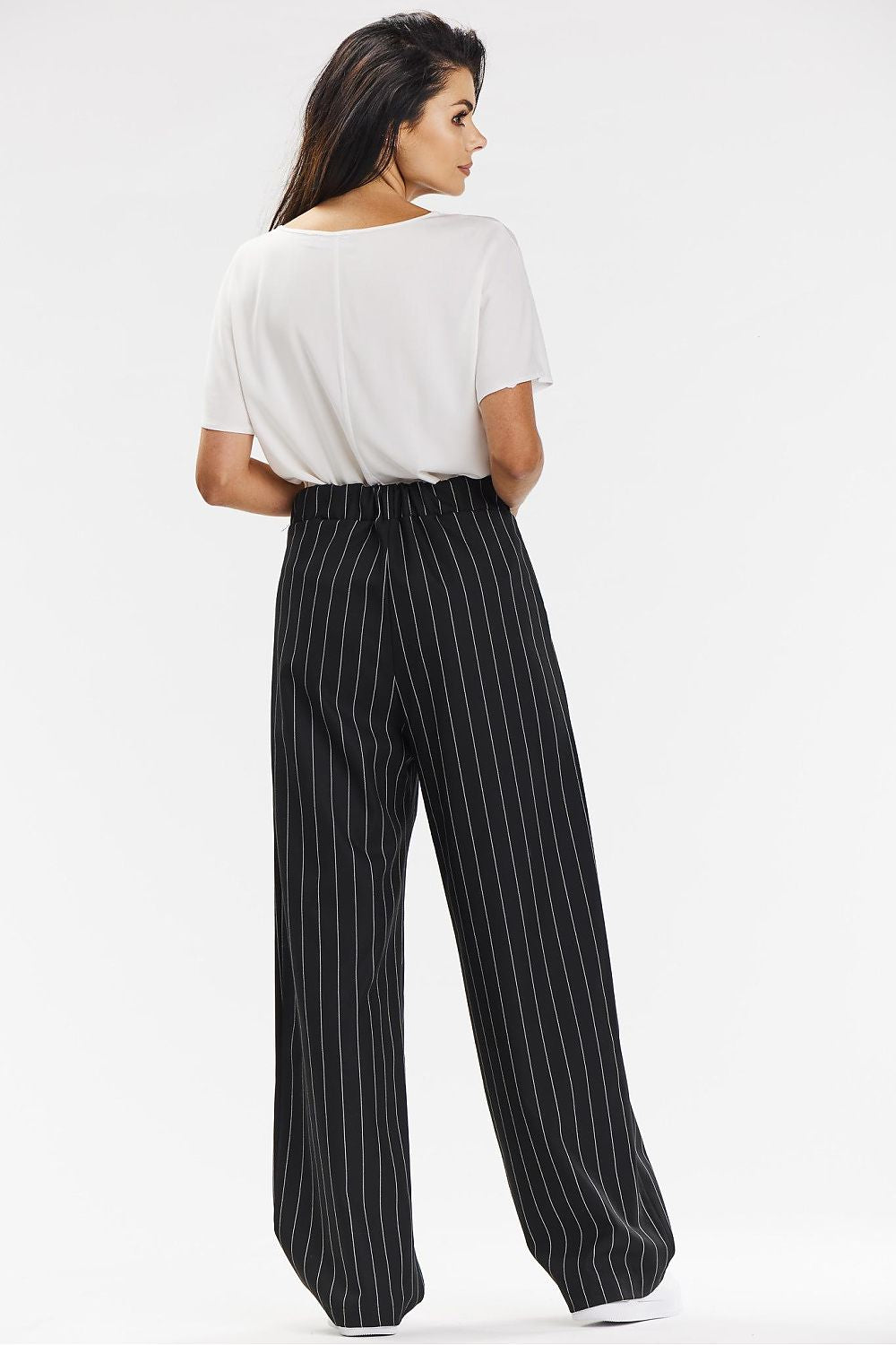 Elegant Wide-Leg Trousers For Women – Grey With White Stripe, Comfortable Viscose Fabric