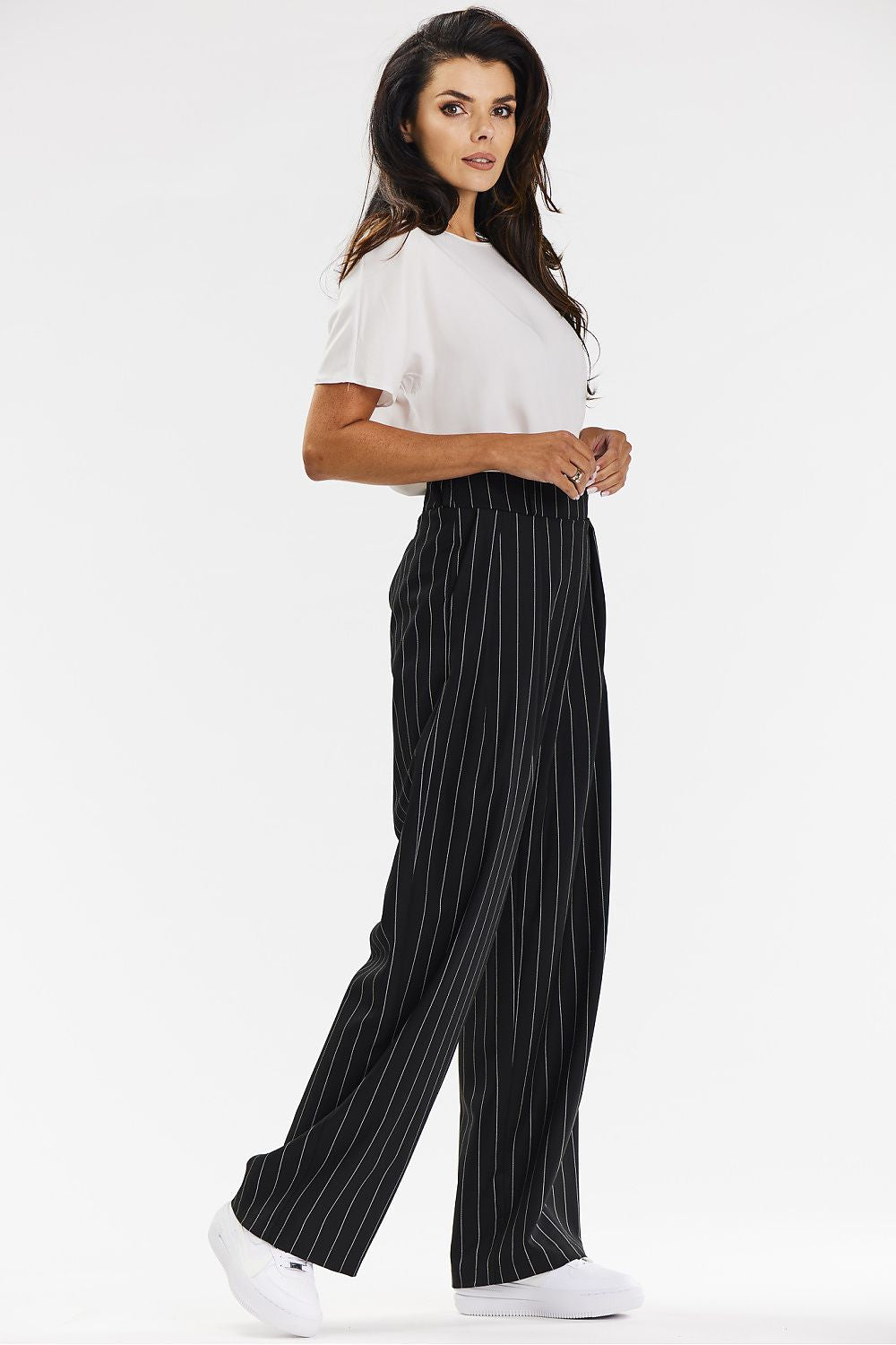 Elegant Wide-Leg Trousers For Women – Grey With White Stripe, Comfortable Viscose Fabric