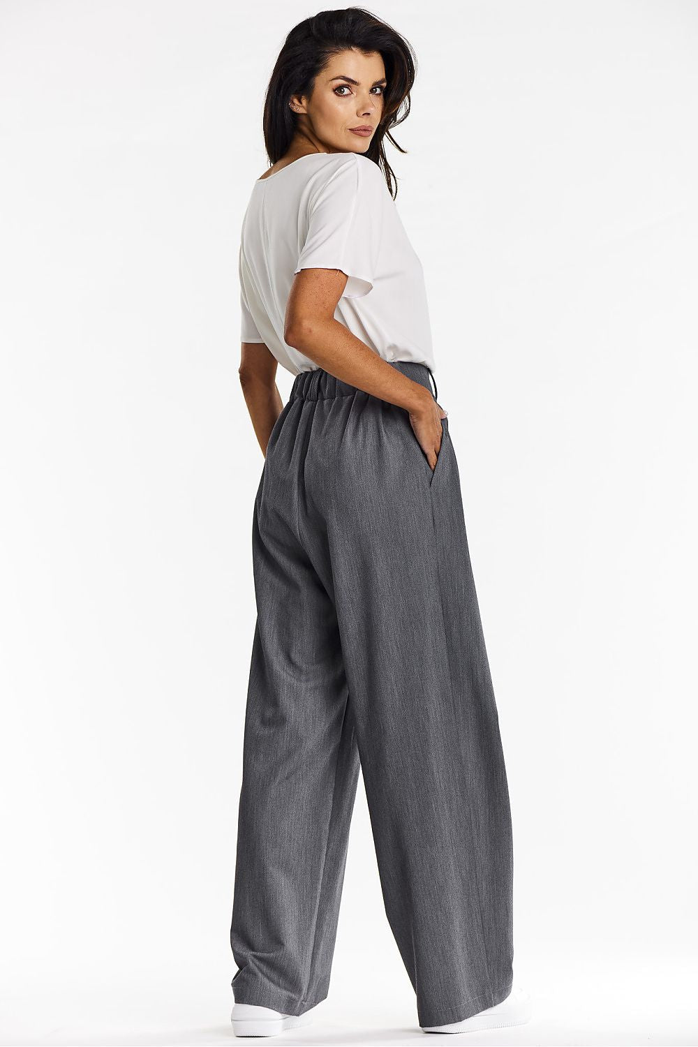 Elegant Gray Wide-Leg Trousers for Women - Comfort Fit Viscose Fabric by Awama