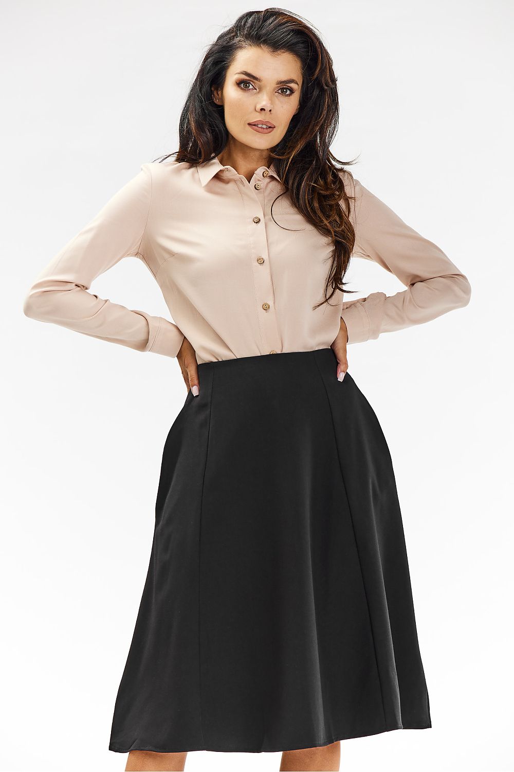 Elegant Flared Midi Skirt in Grey with Covered Zipper - Perfect for Formal and Business Occasions