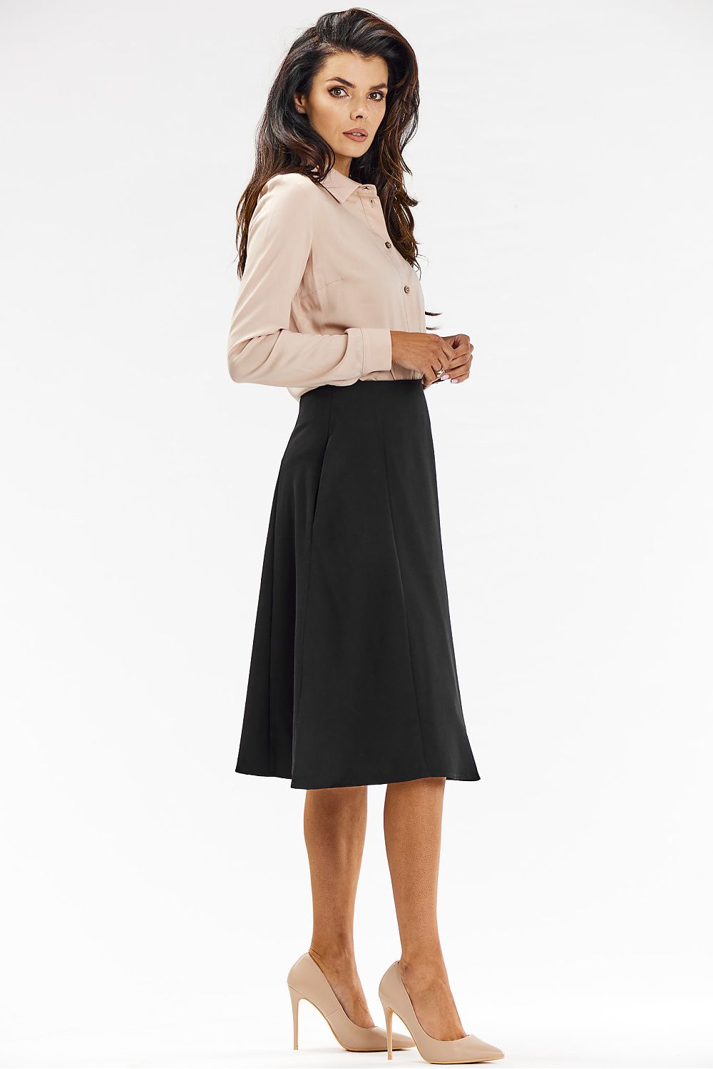 Elegant Flared Midi Skirt in Grey with Covered Zipper - Perfect for Formal and Business Occasions