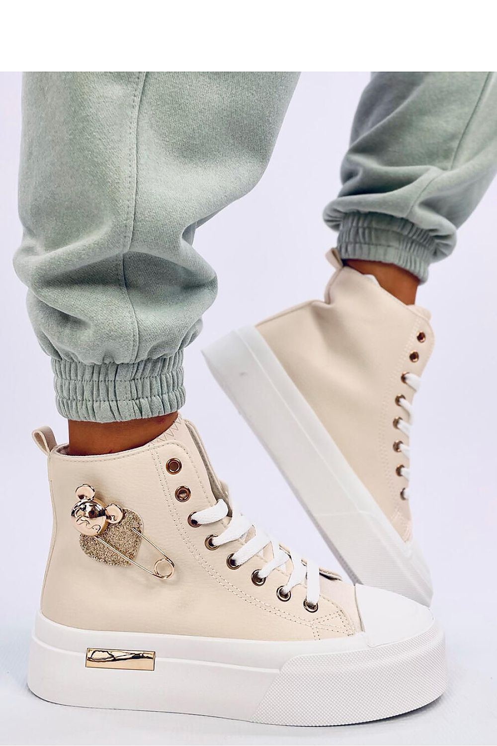 Stylish Women's Eco Leather Sneakers with High Sole and Gold Details - Ankle Model by Inello