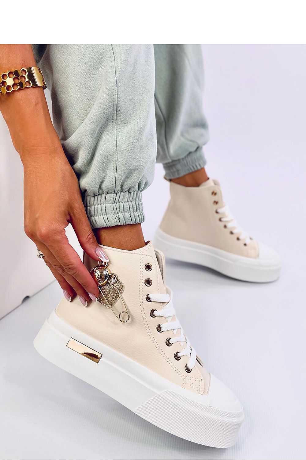 Stylish Women's Eco Leather Sneakers with High Sole and Gold Details - Ankle Model by Inello