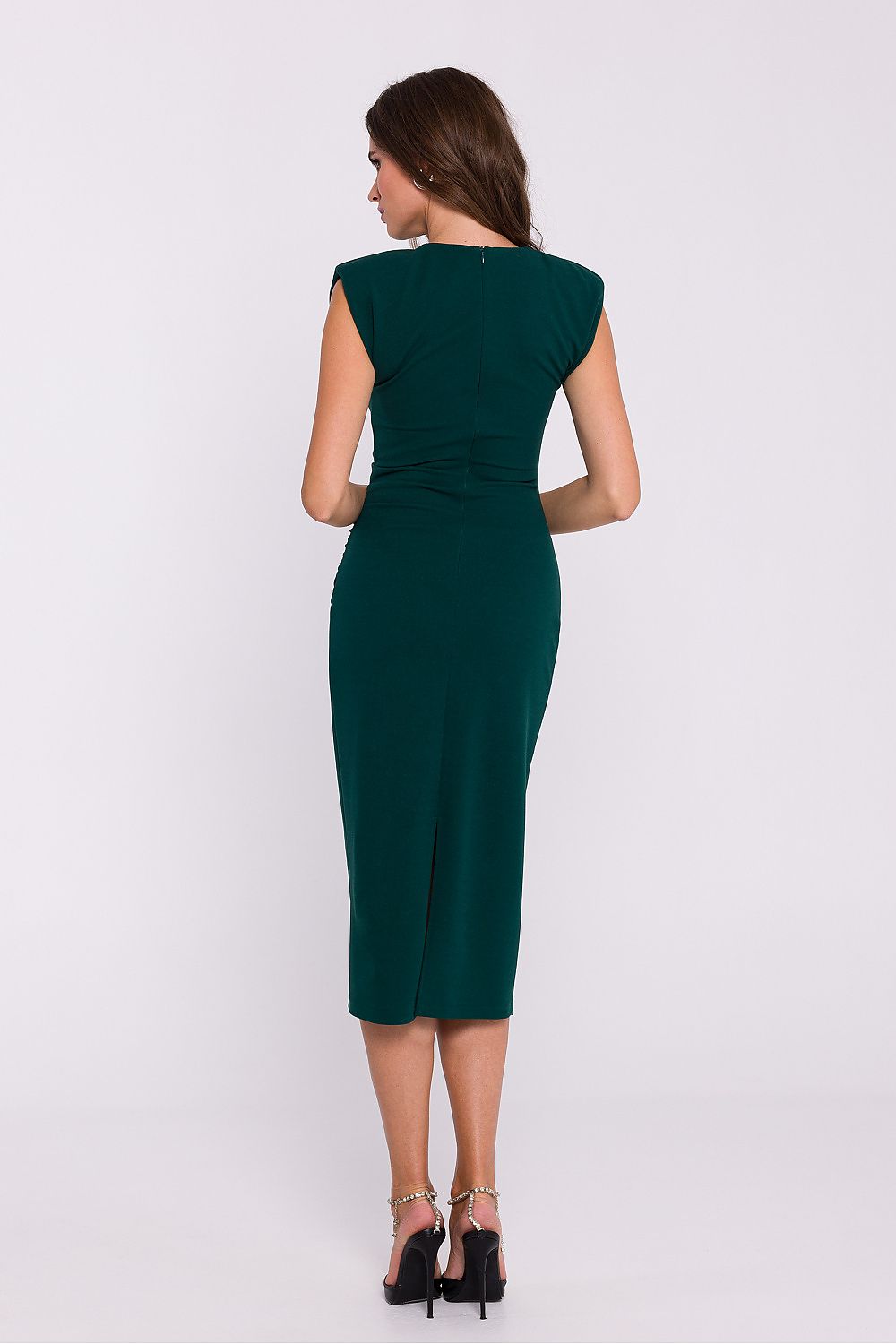 Elegant Sleeveless Midi Tube Dress with Shoulder Pads and Side Pleats by Stylove