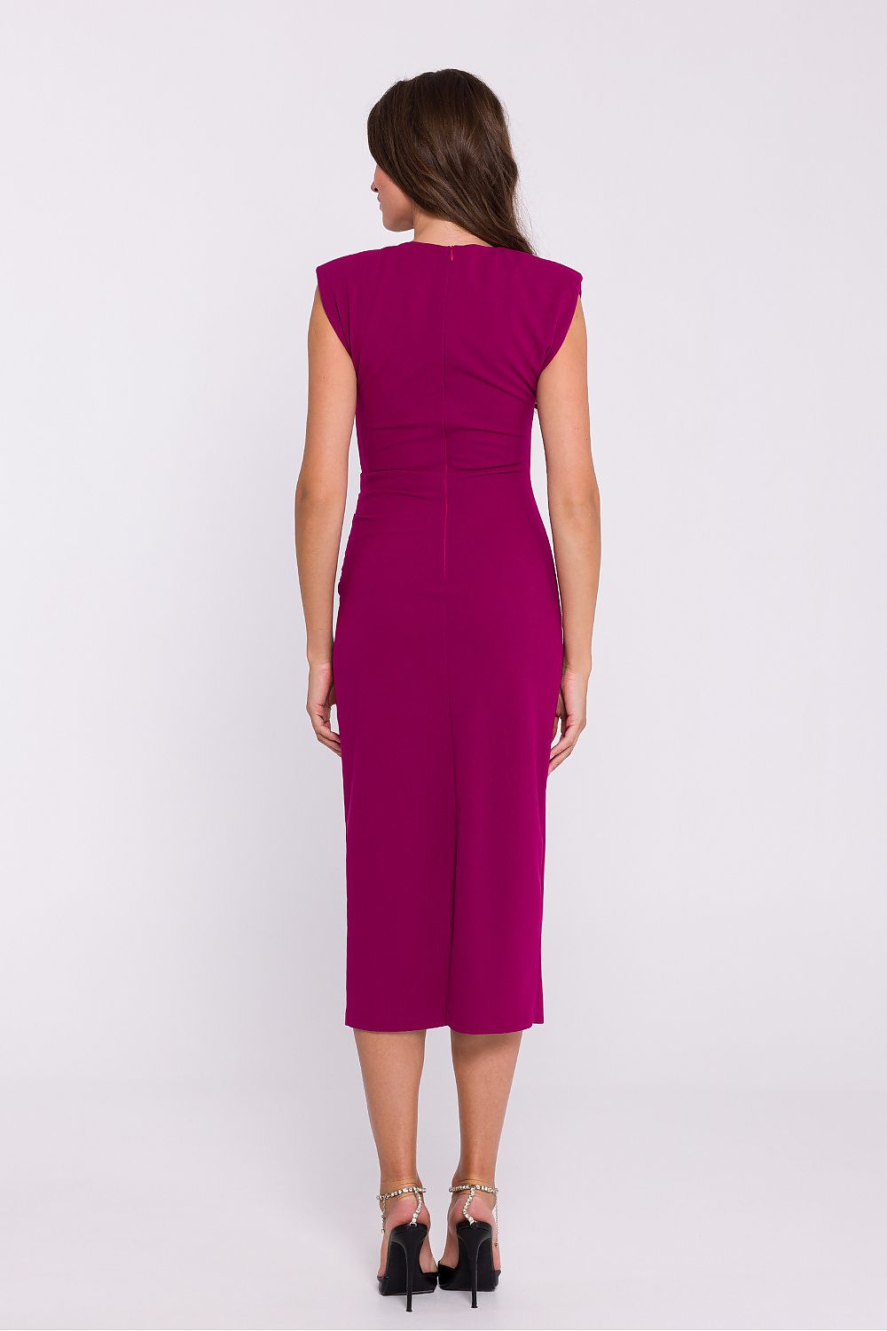 Elegant Sleeveless Midi Tube Dress with Shoulder Pads and Side Pleats by Stylove