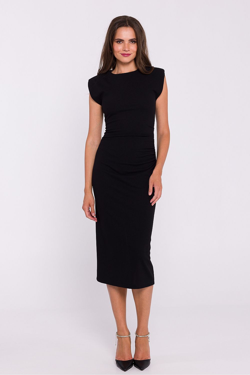 Elegant Sleeveless Midi Tube Dress with Shoulder Pads and Side Pleats by Stylove