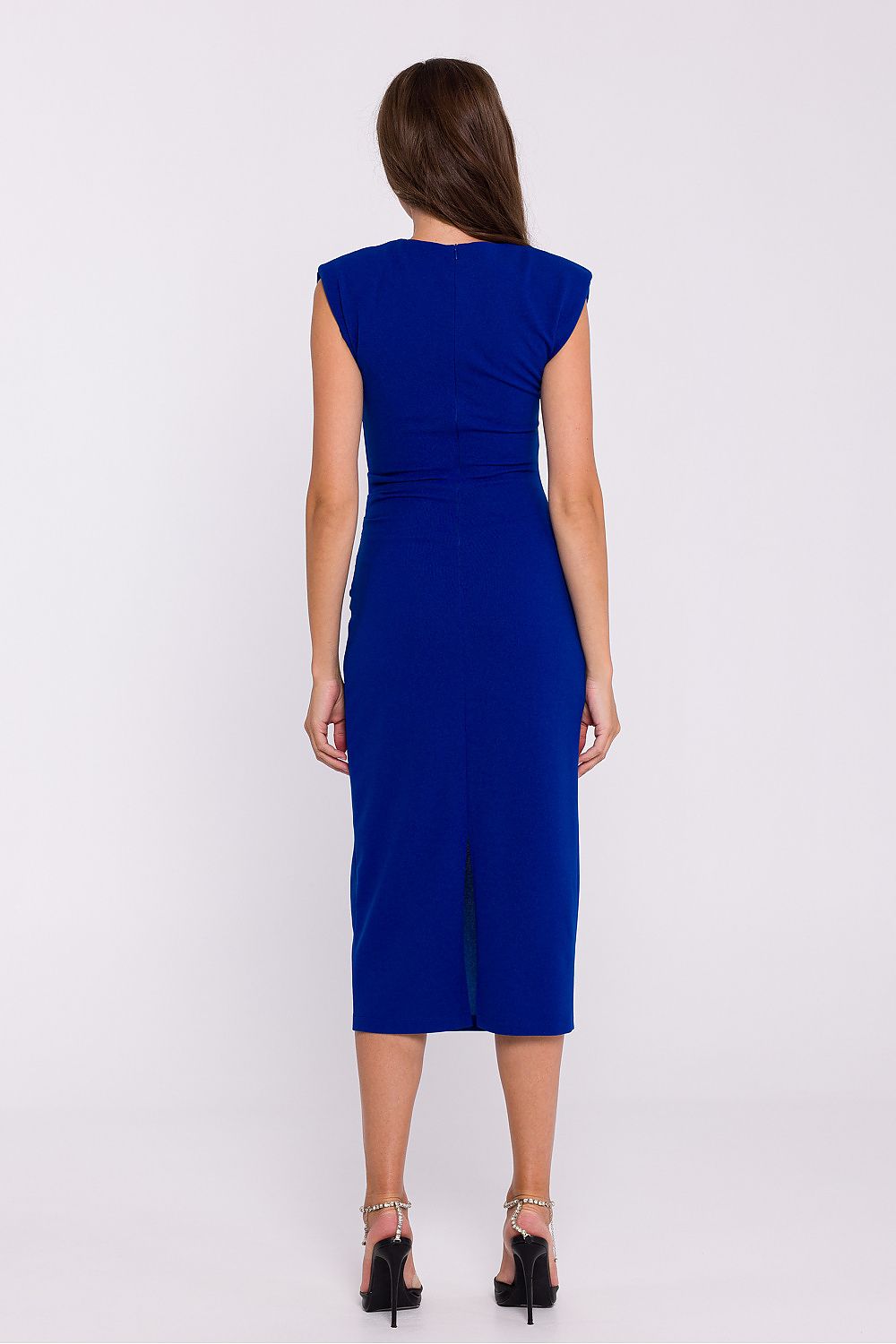 Elegant Sleeveless Midi Tube Dress with Shoulder Pads and Side Pleats by Stylove