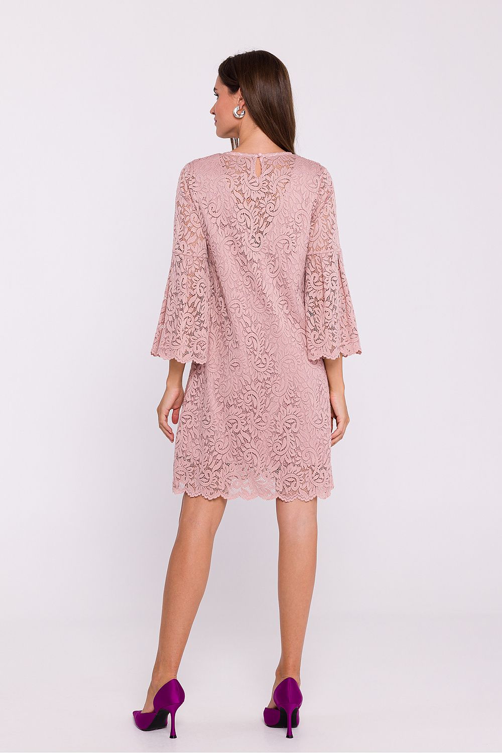 Stylove Elegant Double Layer Trapeze Dress with Lace Overlay and Frilled Elbow-Length Sleeves