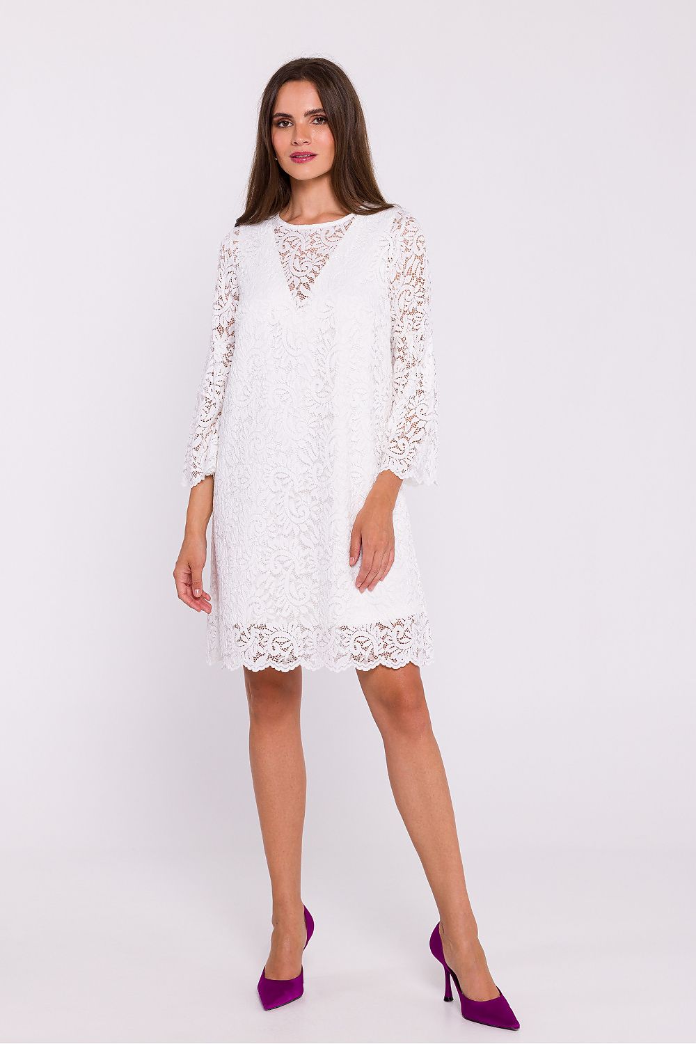 Stylove Elegant Double Layer Trapeze Dress with Lace Overlay and Frilled Elbow-Length Sleeves