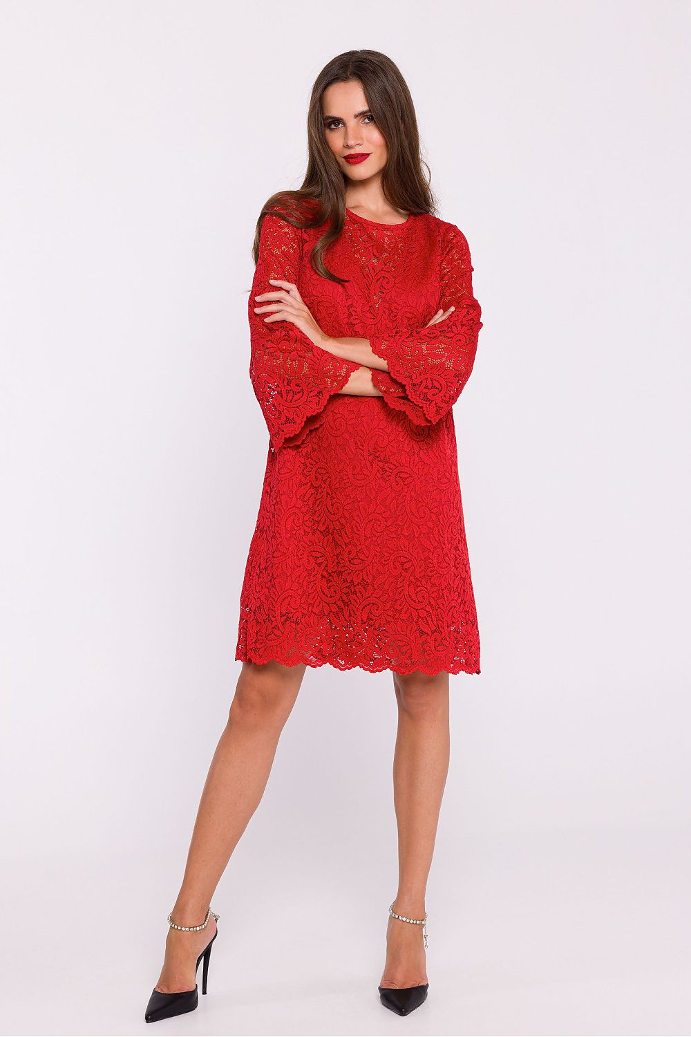 Stylove Elegant Double Layer Trapeze Dress with Lace Overlay and Frilled Elbow-Length Sleeves