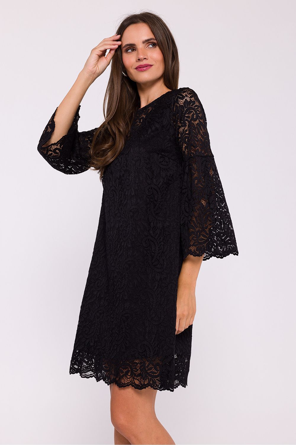 Stylove Elegant Double Layer Trapeze Dress with Lace Overlay and Frilled Elbow-Length Sleeves